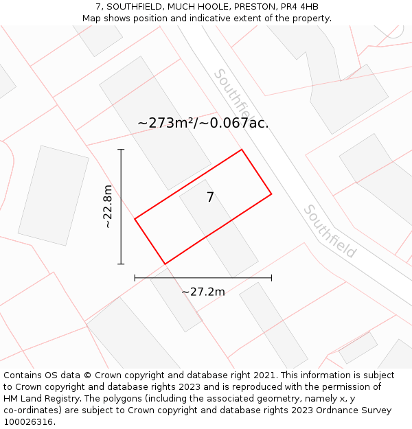 7, SOUTHFIELD, MUCH HOOLE, PRESTON, PR4 4HB: Plot and title map