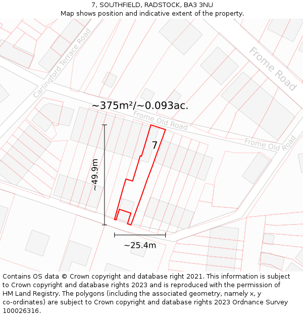 7, SOUTHFIELD, RADSTOCK, BA3 3NU: Plot and title map