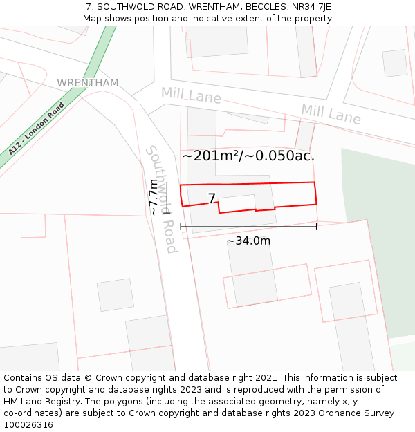 7, SOUTHWOLD ROAD, WRENTHAM, BECCLES, NR34 7JE: Plot and title map