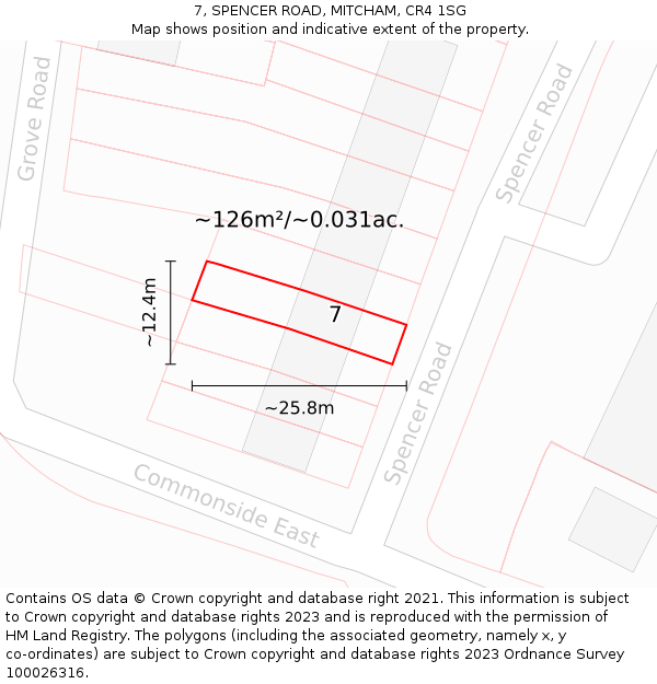 7, SPENCER ROAD, MITCHAM, CR4 1SG: Plot and title map