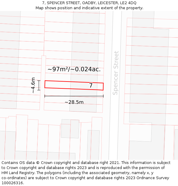 7, SPENCER STREET, OADBY, LEICESTER, LE2 4DQ: Plot and title map
