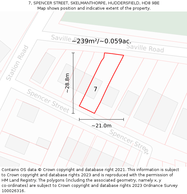 7, SPENCER STREET, SKELMANTHORPE, HUDDERSFIELD, HD8 9BE: Plot and title map