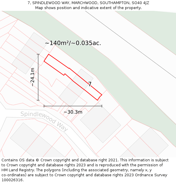 7, SPINDLEWOOD WAY, MARCHWOOD, SOUTHAMPTON, SO40 4JZ: Plot and title map