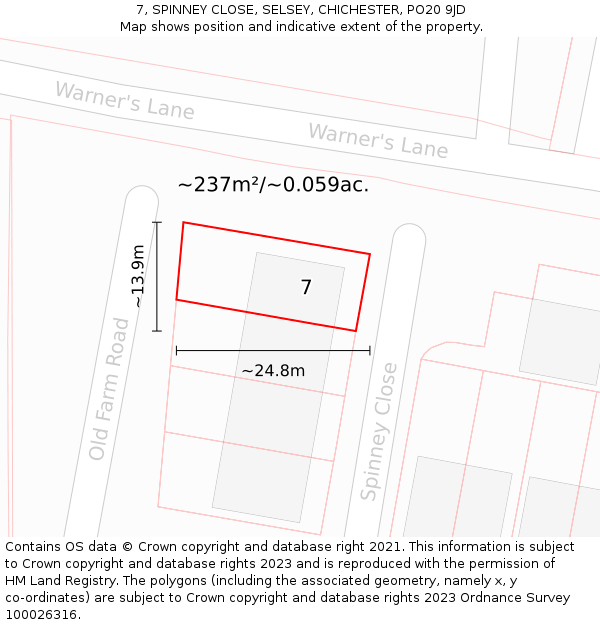 7, SPINNEY CLOSE, SELSEY, CHICHESTER, PO20 9JD: Plot and title map
