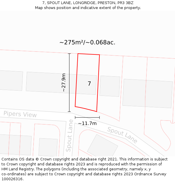 7, SPOUT LANE, LONGRIDGE, PRESTON, PR3 3BZ: Plot and title map