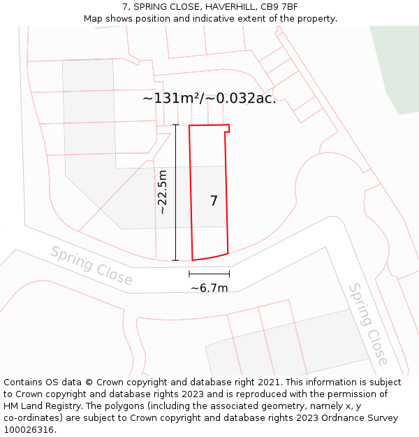 7, SPRING CLOSE, HAVERHILL, CB9 7BF: Plot and title map