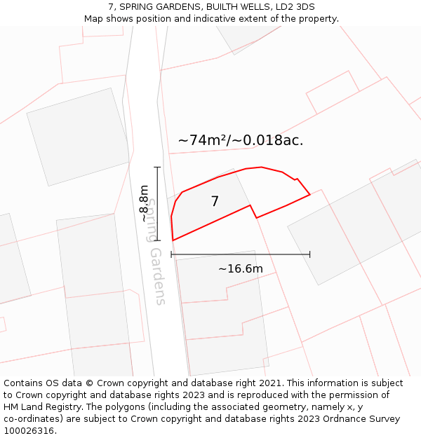 7, SPRING GARDENS, BUILTH WELLS, LD2 3DS: Plot and title map
