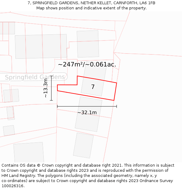 7, SPRINGFIELD GARDENS, NETHER KELLET, CARNFORTH, LA6 1FB: Plot and title map