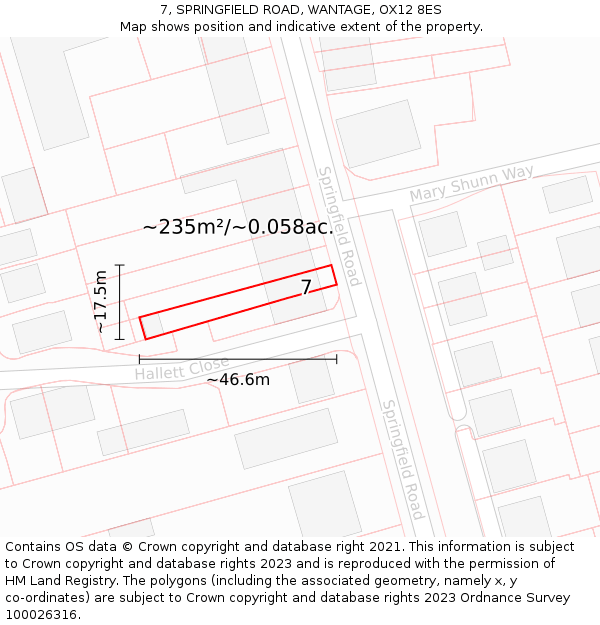 7, SPRINGFIELD ROAD, WANTAGE, OX12 8ES: Plot and title map