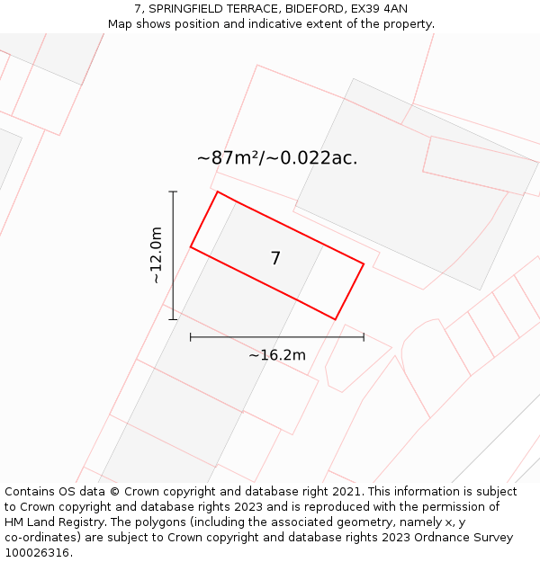 7, SPRINGFIELD TERRACE, BIDEFORD, EX39 4AN: Plot and title map