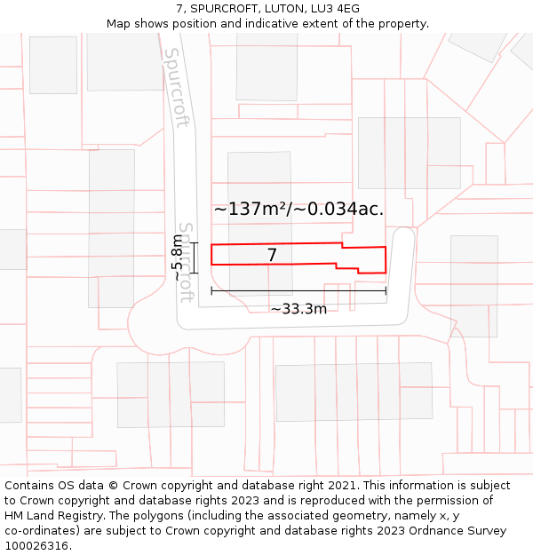 7, SPURCROFT, LUTON, LU3 4EG: Plot and title map