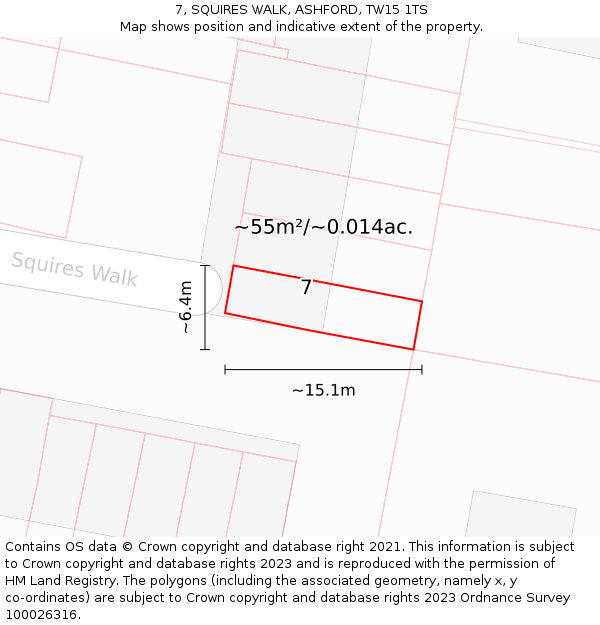 7, SQUIRES WALK, ASHFORD, TW15 1TS: Plot and title map