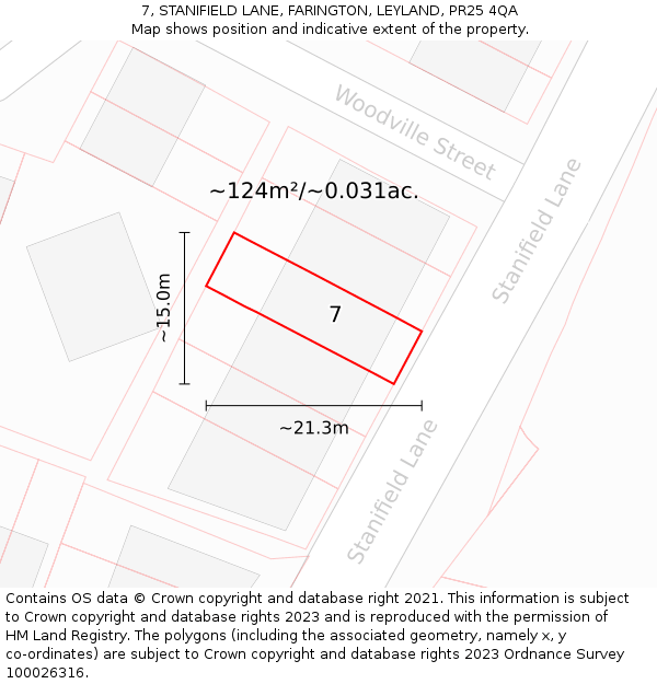 7, STANIFIELD LANE, FARINGTON, LEYLAND, PR25 4QA: Plot and title map