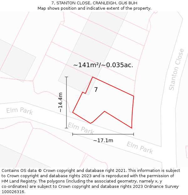 7, STANTON CLOSE, CRANLEIGH, GU6 8UH: Plot and title map