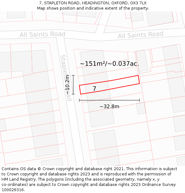 7, STAPLETON ROAD, HEADINGTON, OXFORD, OX3 7LX: Plot and title map