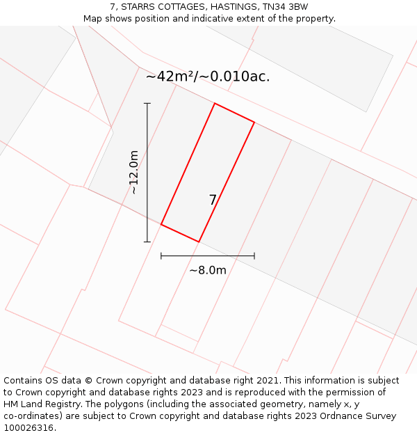 7, STARRS COTTAGES, HASTINGS, TN34 3BW: Plot and title map