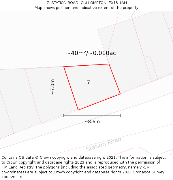 7, STATION ROAD, CULLOMPTON, EX15 1AH: Plot and title map