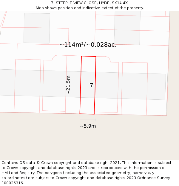 7, STEEPLE VIEW CLOSE, HYDE, SK14 4XJ: Plot and title map