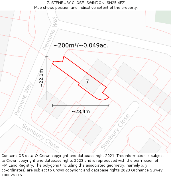 7, STENBURY CLOSE, SWINDON, SN25 4FZ: Plot and title map