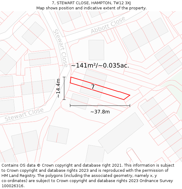 7, STEWART CLOSE, HAMPTON, TW12 3XJ: Plot and title map