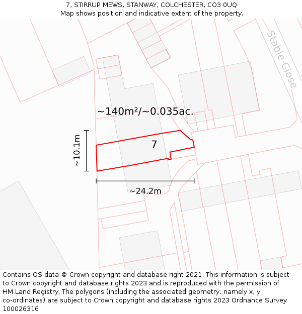 7, STIRRUP MEWS, STANWAY, COLCHESTER, CO3 0UQ: Plot and title map