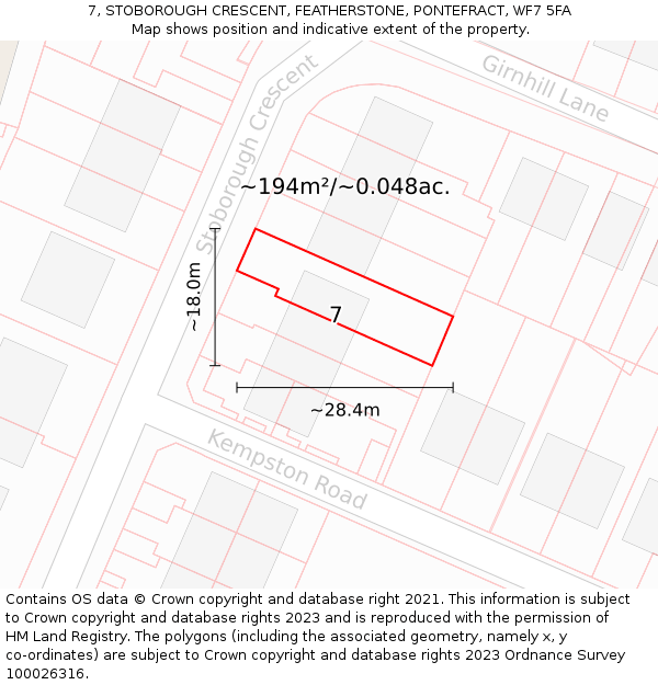 7, STOBOROUGH CRESCENT, FEATHERSTONE, PONTEFRACT, WF7 5FA: Plot and title map
