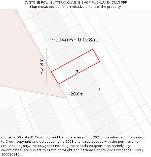 7, STONE ROW, BUTTERKNOWLE, BISHOP AUCKLAND, DL13 5PF: Plot and title map