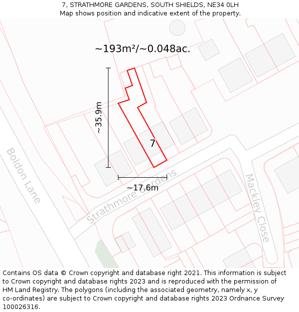 7, STRATHMORE GARDENS, SOUTH SHIELDS, NE34 0LH: Plot and title map