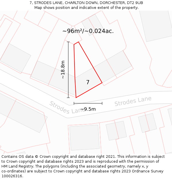 7, STRODES LANE, CHARLTON DOWN, DORCHESTER, DT2 9UB: Plot and title map