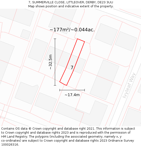 7, SUMMERVILLE CLOSE, LITTLEOVER, DERBY, DE23 3UU: Plot and title map