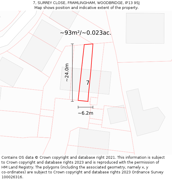 7, SURREY CLOSE, FRAMLINGHAM, WOODBRIDGE, IP13 9SJ: Plot and title map
