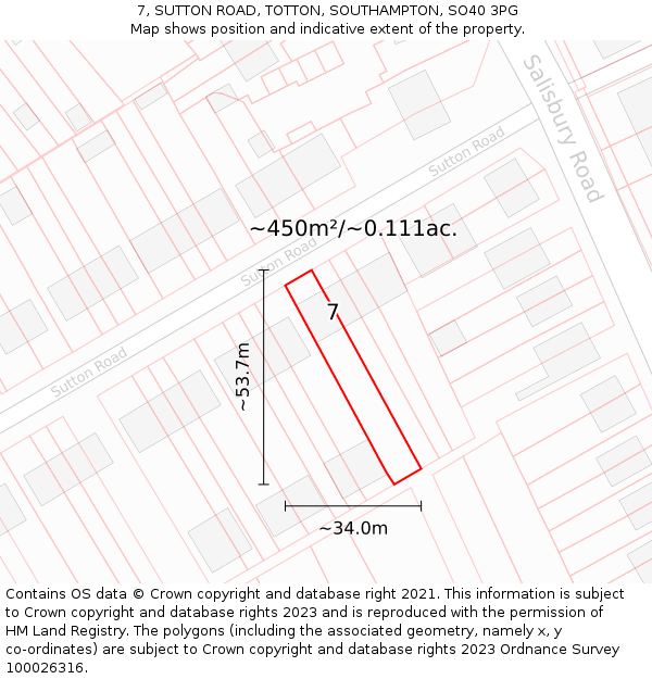 7, SUTTON ROAD, TOTTON, SOUTHAMPTON, SO40 3PG: Plot and title map