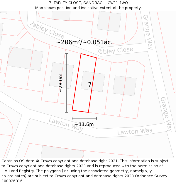 7, TABLEY CLOSE, SANDBACH, CW11 1WQ: Plot and title map