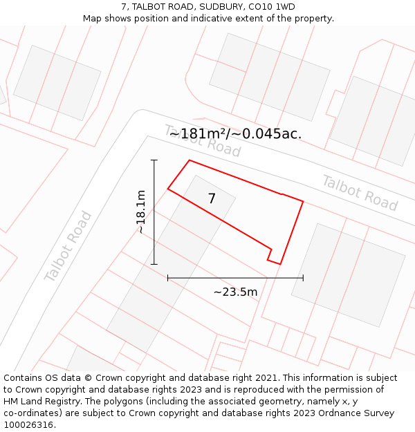 7, TALBOT ROAD, SUDBURY, CO10 1WD: Plot and title map