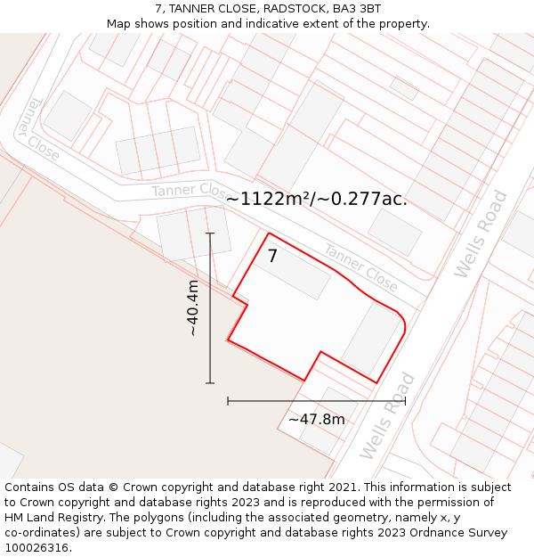 7, TANNER CLOSE, RADSTOCK, BA3 3BT: Plot and title map