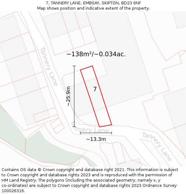 7, TANNERY LANE, EMBSAY, SKIPTON, BD23 6NF: Plot and title map