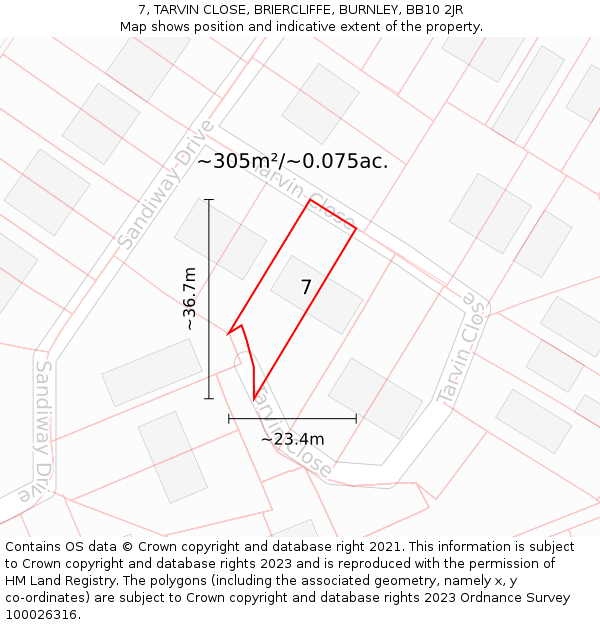 7, TARVIN CLOSE, BRIERCLIFFE, BURNLEY, BB10 2JR: Plot and title map