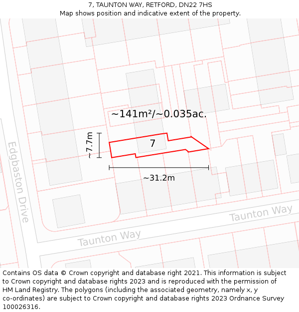 7, TAUNTON WAY, RETFORD, DN22 7HS: Plot and title map