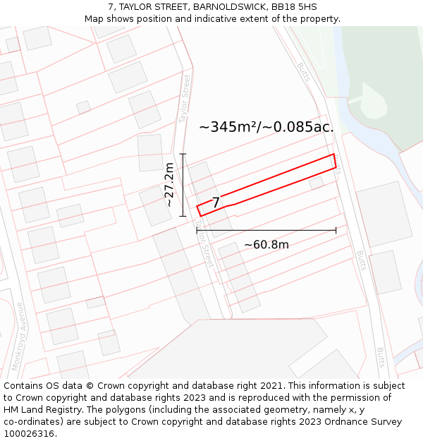 7, TAYLOR STREET, BARNOLDSWICK, BB18 5HS: Plot and title map