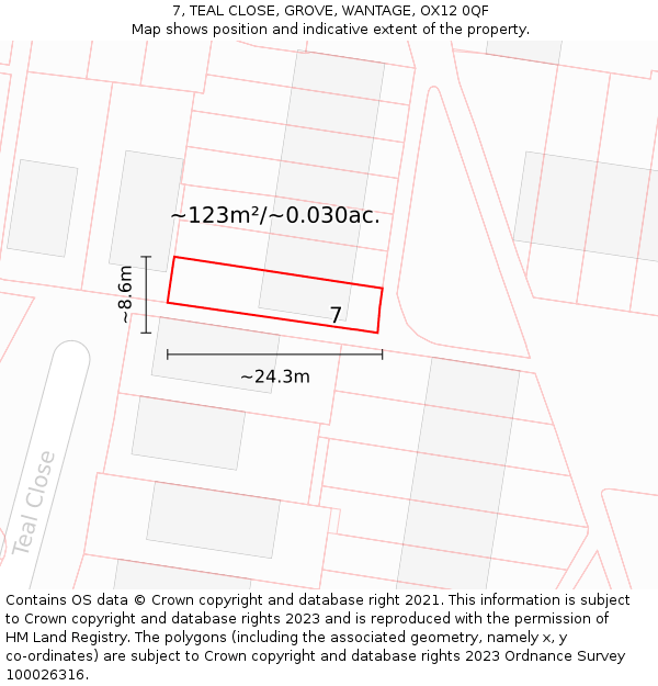 7, TEAL CLOSE, GROVE, WANTAGE, OX12 0QF: Plot and title map