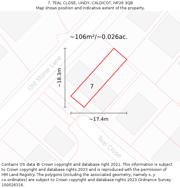 7, TEAL CLOSE, UNDY, CALDICOT, NP26 3QB: Plot and title map