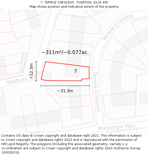 7, TEMPLE CRESCENT, TIVERTON, EX16 4AY: Plot and title map