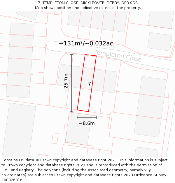 7, TEMPLETON CLOSE, MICKLEOVER, DERBY, DE3 9DR: Plot and title map
