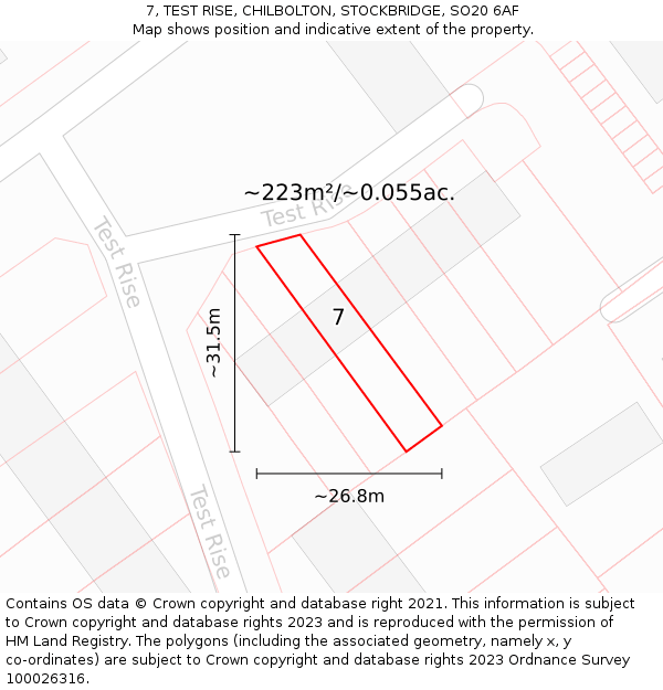 7, TEST RISE, CHILBOLTON, STOCKBRIDGE, SO20 6AF: Plot and title map