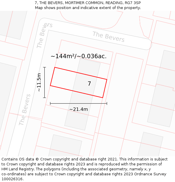 7, THE BEVERS, MORTIMER COMMON, READING, RG7 3SP: Plot and title map