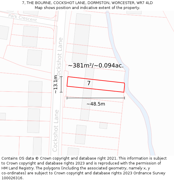 7, THE BOURNE, COCKSHOT LANE, DORMSTON, WORCESTER, WR7 4LD: Plot and title map