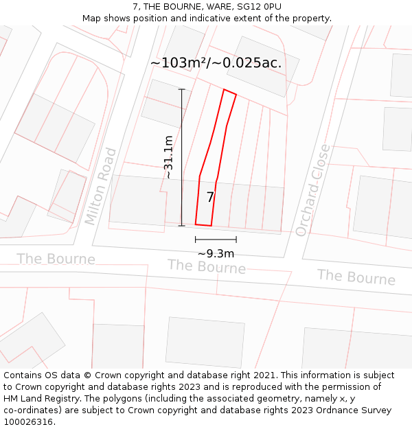 7, THE BOURNE, WARE, SG12 0PU: Plot and title map