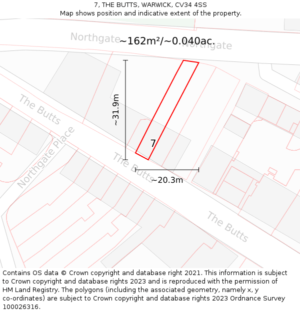 7, THE BUTTS, WARWICK, CV34 4SS: Plot and title map