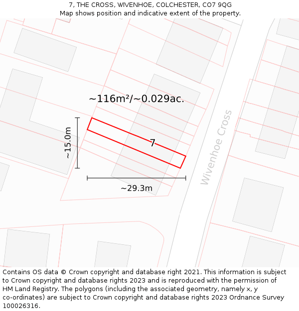 7, THE CROSS, WIVENHOE, COLCHESTER, CO7 9QG: Plot and title map