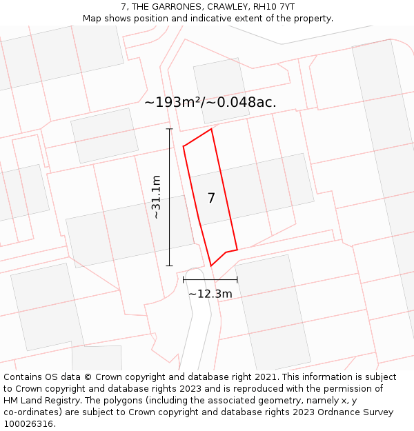 7, THE GARRONES, CRAWLEY, RH10 7YT: Plot and title map